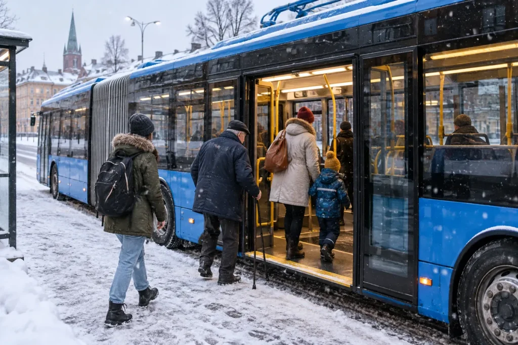 Resenärer kliver på en elbuss vid en hållplats en snöig vintereftermiddag