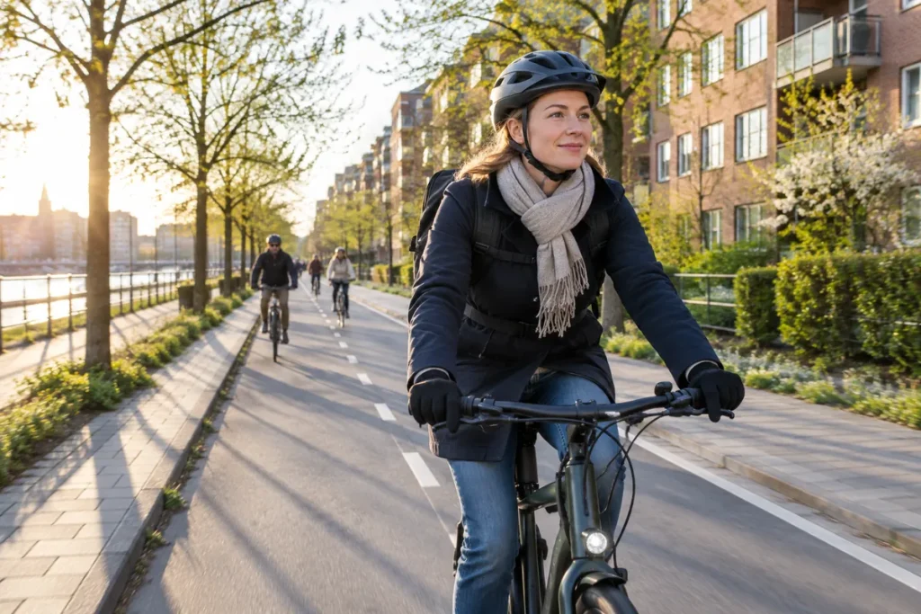 Kvinna cyklar till jobbet på elcykel längs en cykelbana i staden