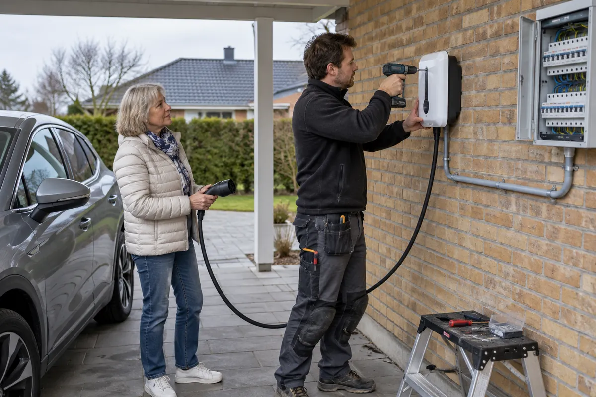 Elektriker monterar en laddbox på väggen i en carport