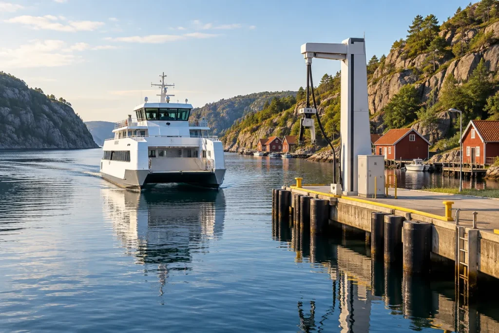 Elfärja på väg mot kajen med laddtorn vid en fjord på västkusten