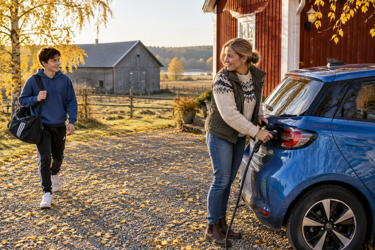Kvinna laddar en liten elbil vid ett rött trähus på landsbygden
