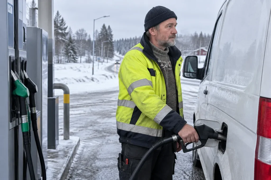 Hantverkare tankar diesel i sin skåpbil en kall vintermorgon